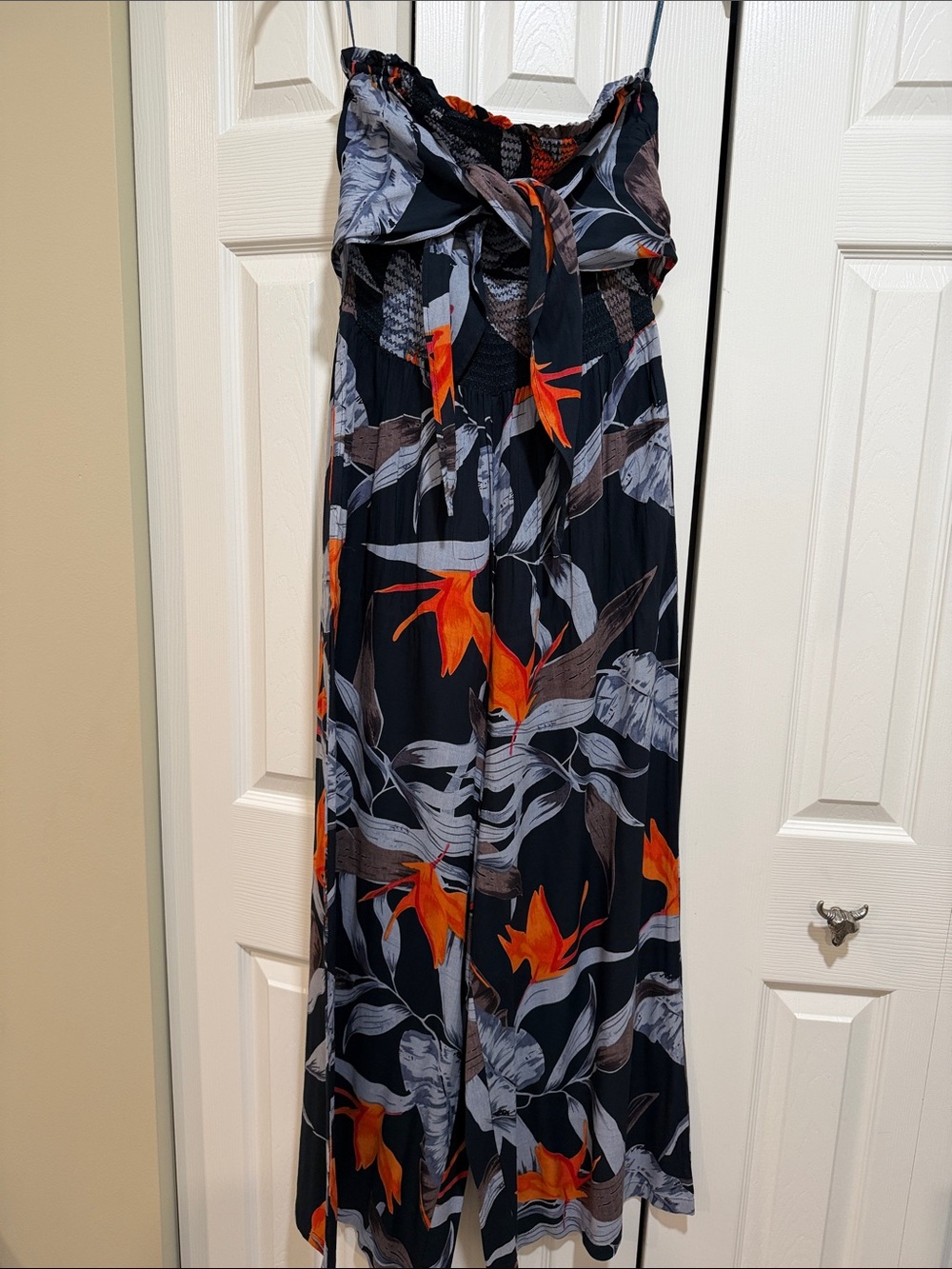 Patrons of Peace Black Floral Jumpsuit with Orange Accents